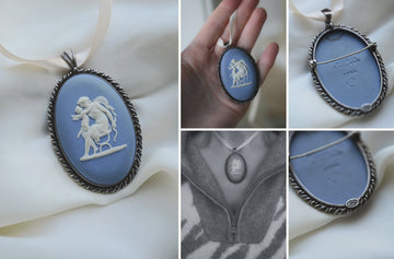 Wedgwood jasperware pendant brooch from 1954 in a sterling rope-twist frame - front, back with impressed marks, and worn on a cream ribbon