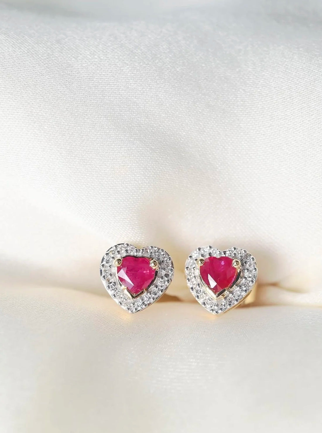 Darling Pair of Heart Ruby x Diamond Earrings 18K Gold Vintage