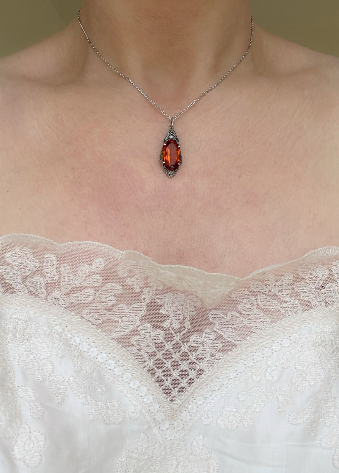 Antique Silver Dark Citrine Pendant with 18K White Gold Chain 15 Inches
