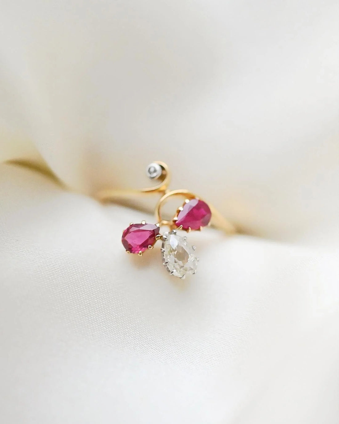 Antique French Lily Ring Ruby x Diamond Ring 14K Gold Beg 1900s