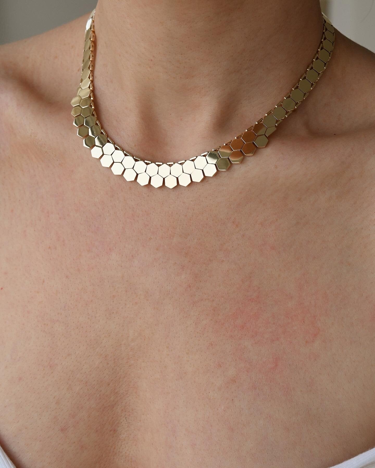 Outstanding Danish Vintage Bee Cell Link Necklace 14K Gold
