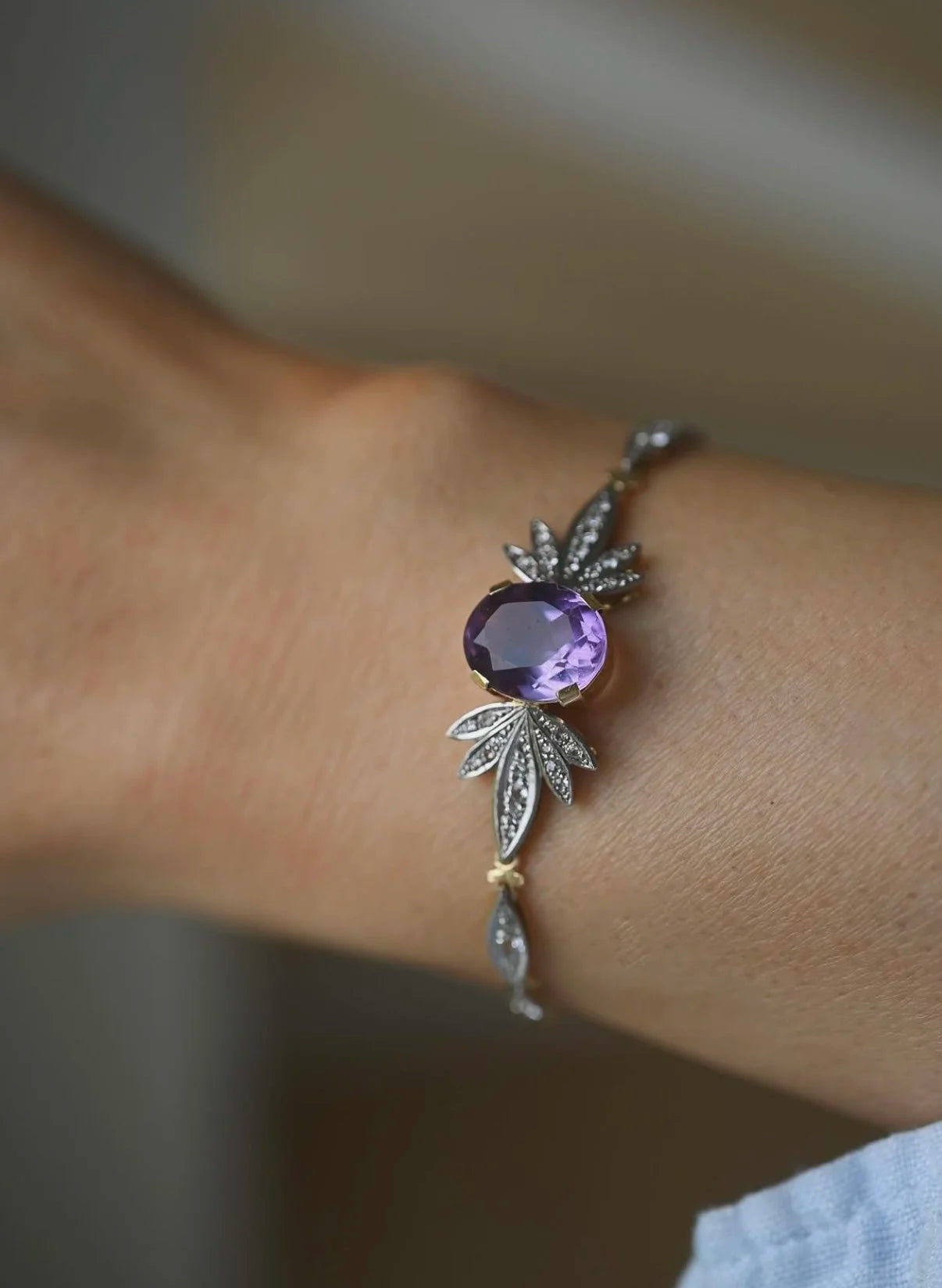 Ethereal One of A Kind Sunburst Amethyst x Topaz Bracelet 18K Gold Swedish Vintage