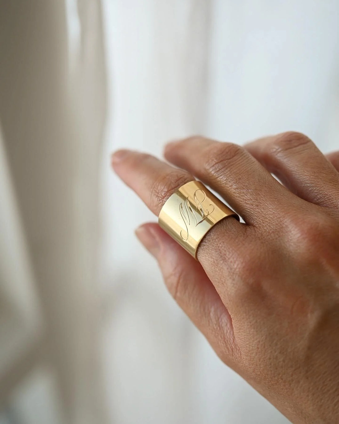 ML / JW Vintage Monogram Ring Rare Super Wide 18K Gold 1978