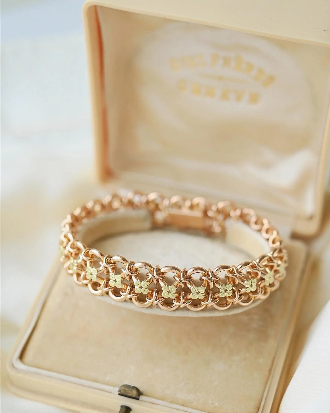 Divine Rare Fancy Link Flower Dream Bracelet 18K Rose Gold 1950s