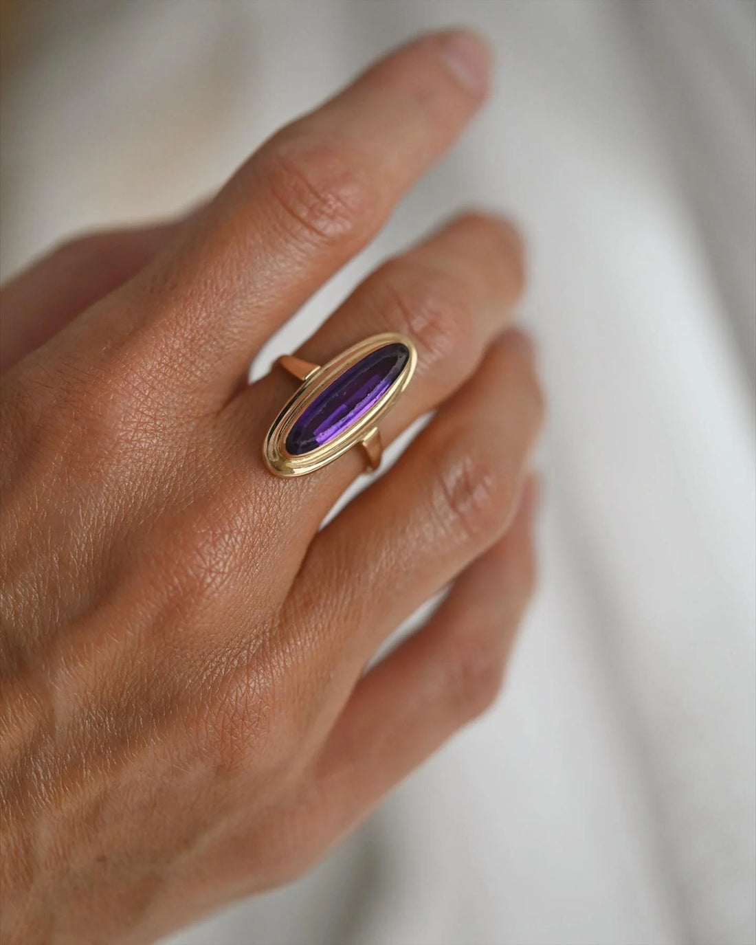 Gorg Swedish Vintage Amethyst Navette Ring 18K Gold 1940s