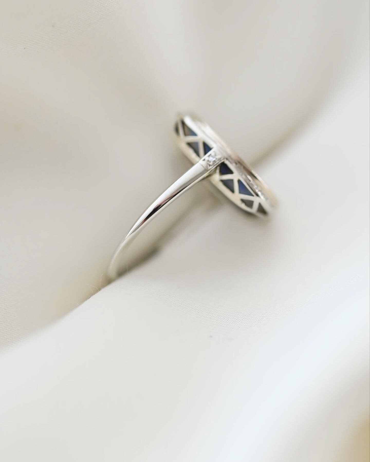 Big Antique Art Deco Ring w Opal and Diamonds 18K White Gold