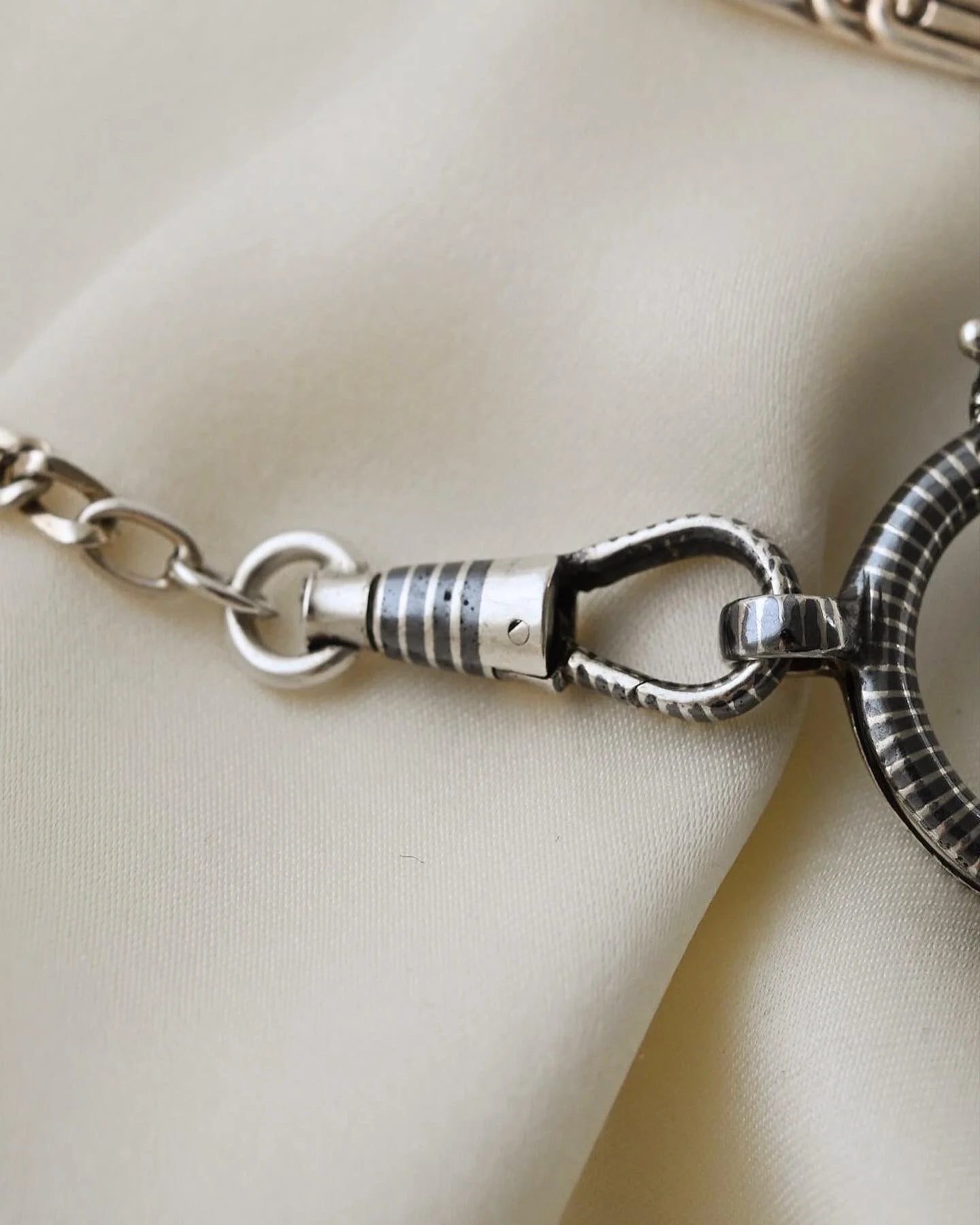 Antique Niello Silver Watch Chain w Horse Shoe and Extra Bolt Clasp 1890