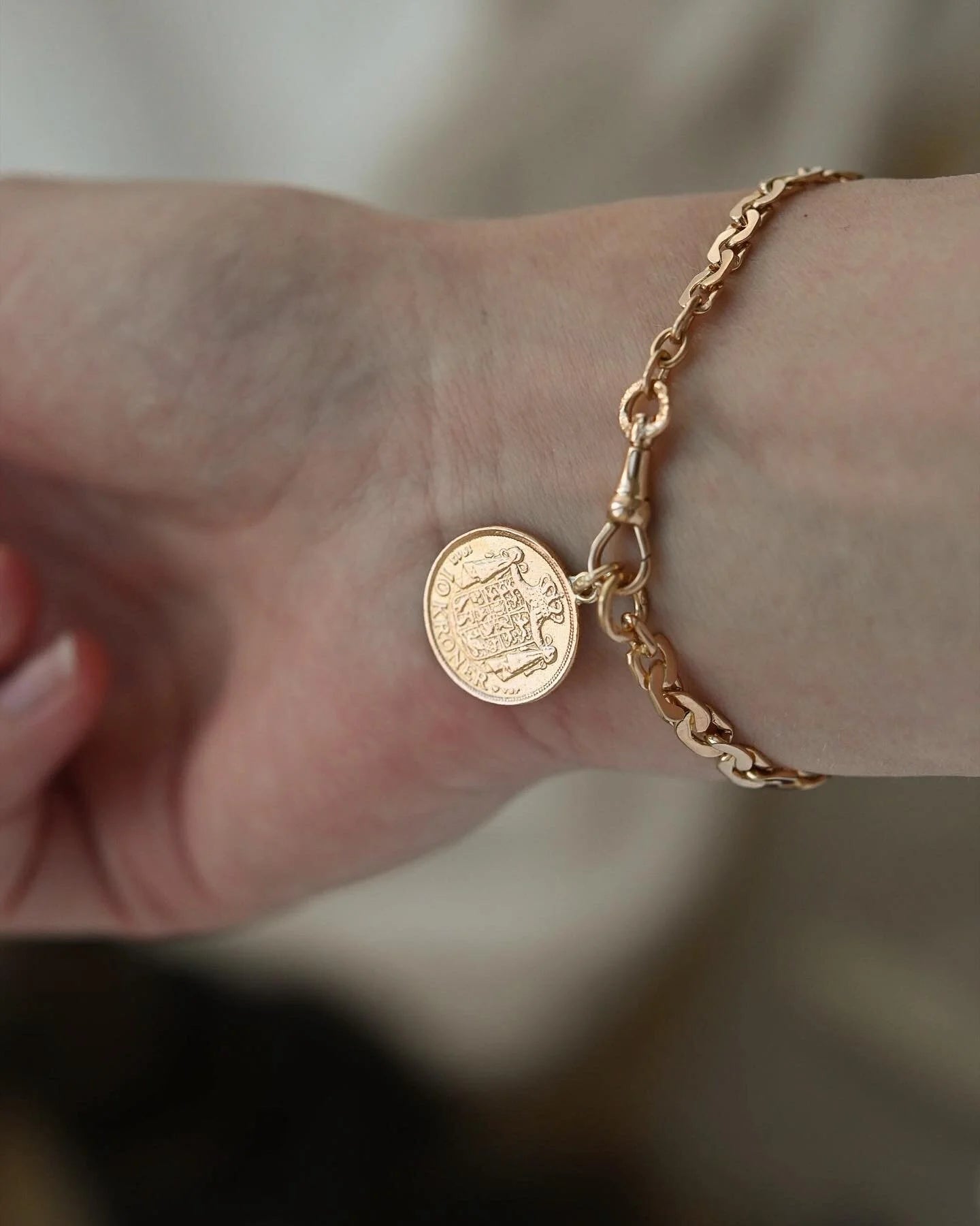 Antique Watch Chain Bracelet w Danish Coin 18-22K Gold 1913