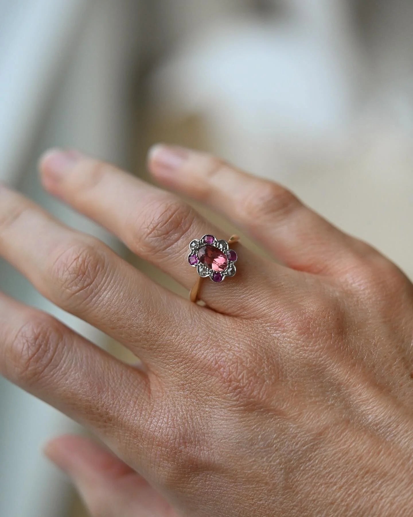Antique Cluster Ring Tourmaline Diamond x Ruby In Platinum And 18K Gold 1920s