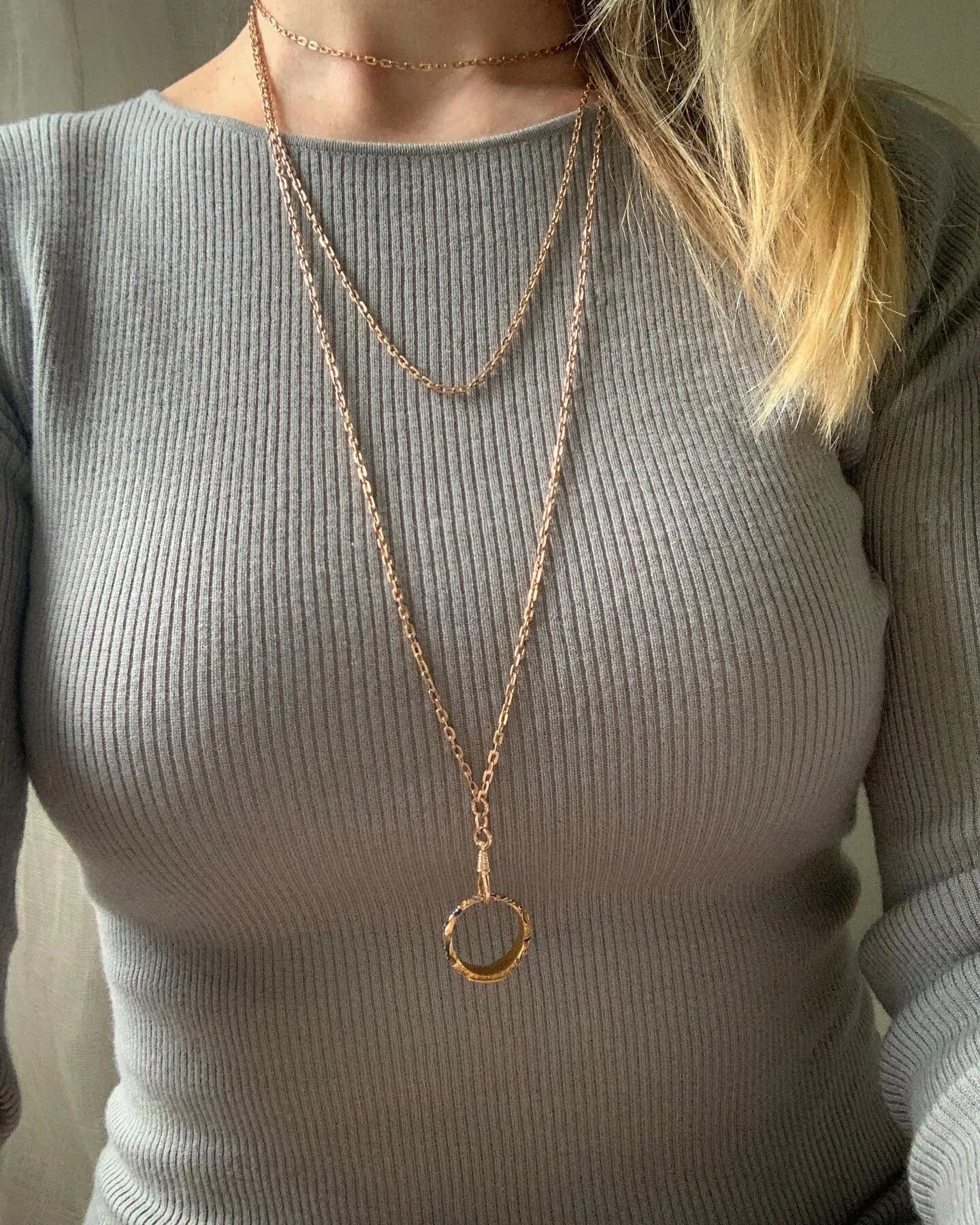 Ultra Long Antique Chain w Dog Clip and Slider 14K