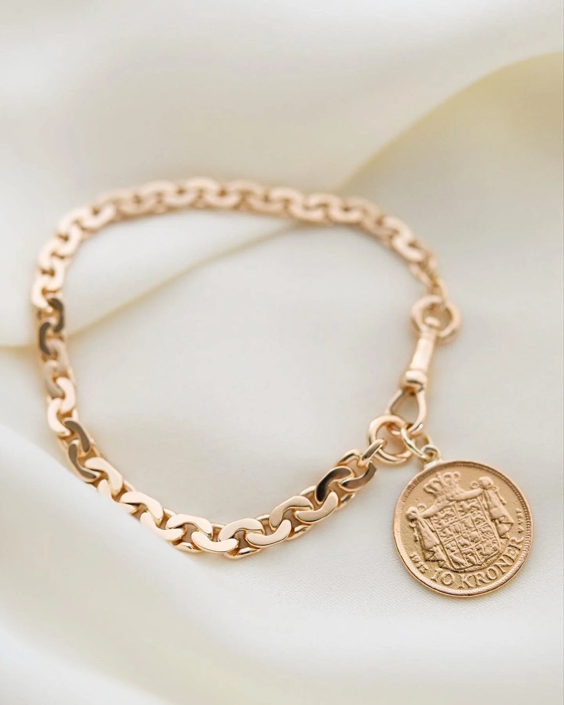 Antique Watch Chain Bracelet w Danish Coin 18-22K Gold 1913