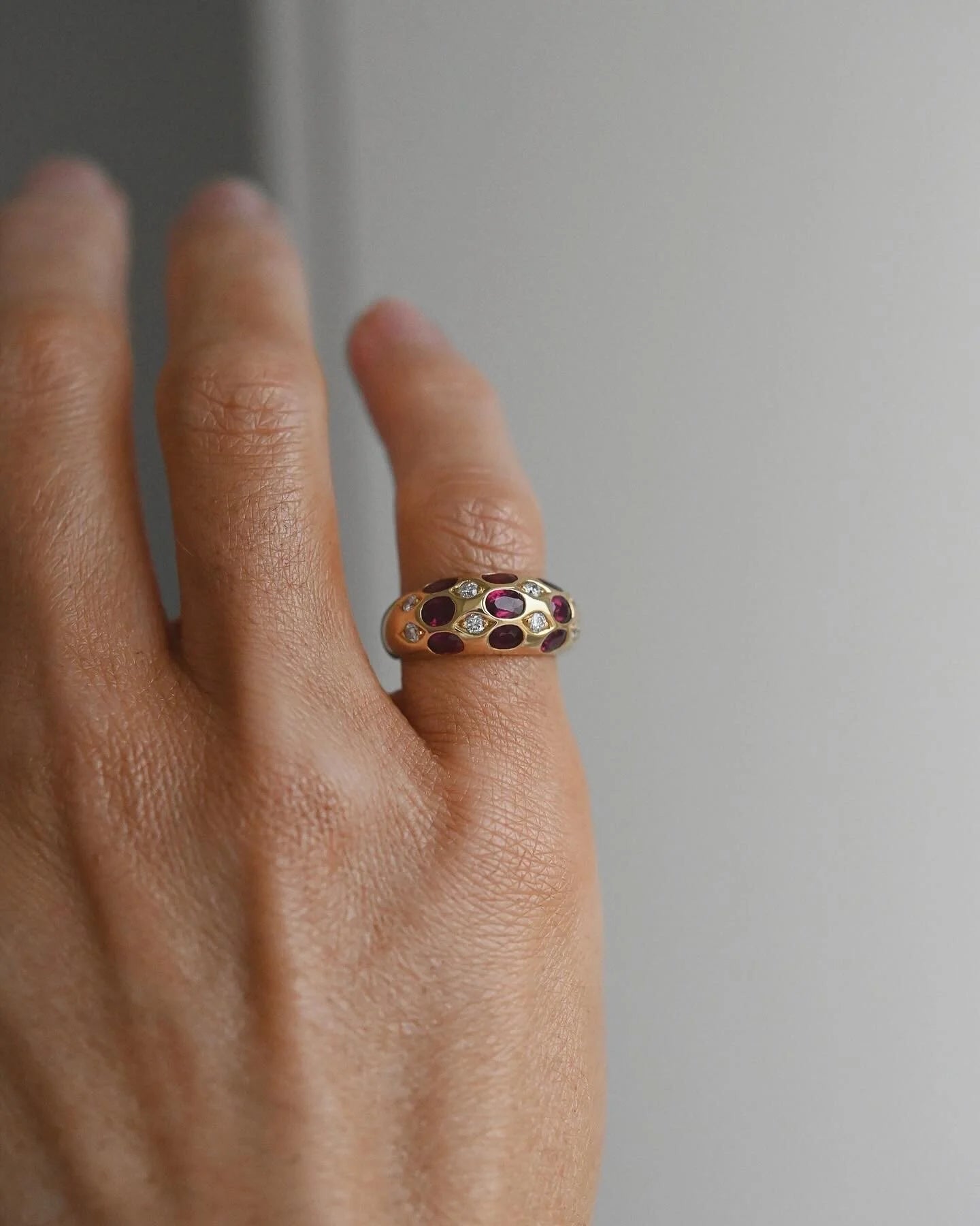 Exquisite Vintage Estate Dome Ring w Rubies and Diamonds 18K Gold
