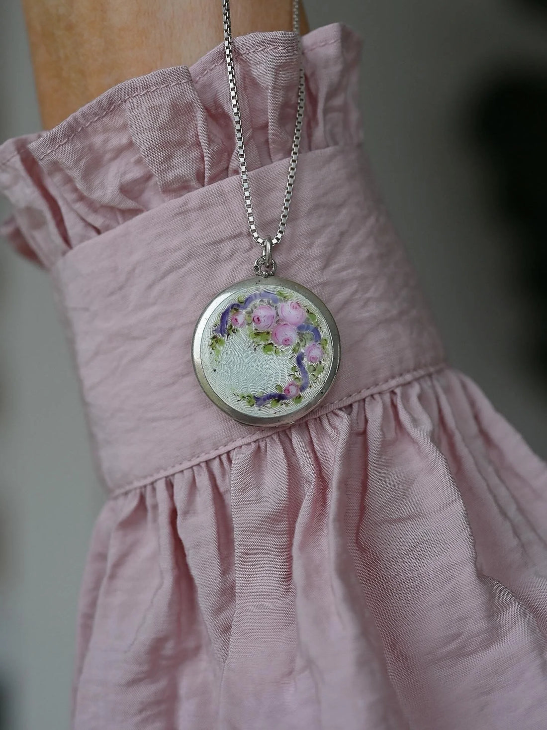 Antique French Flower Enamel Locket Pink Roses Purple Ribbon Silver + Complimentary Chain