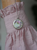 Antique French Flower Enamel Locket Pink Roses Purple Ribbon Silver + Complimentary Chain