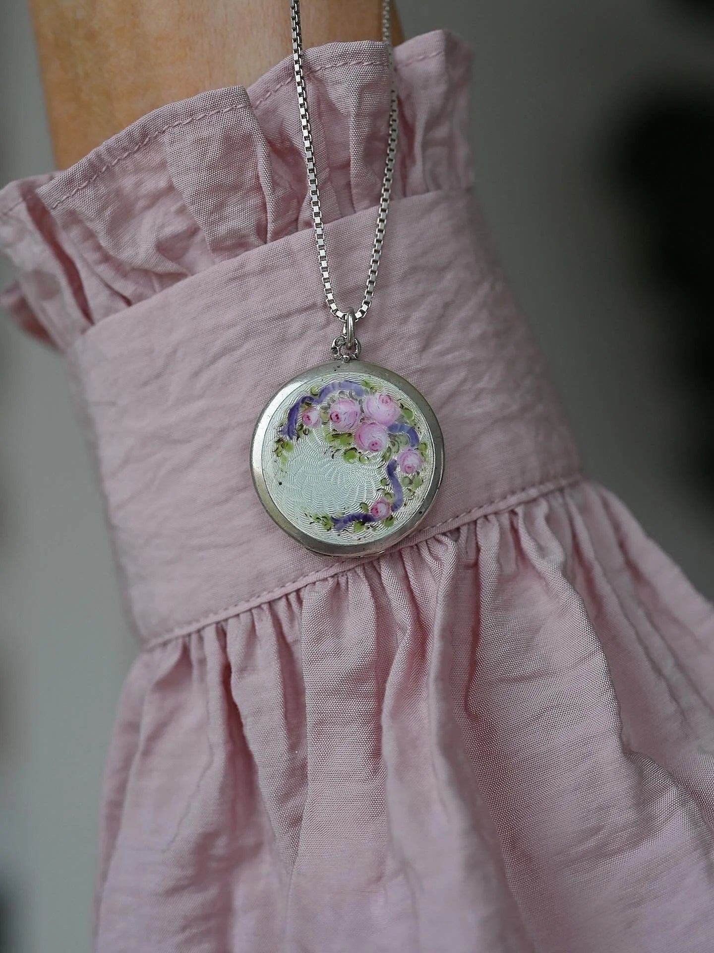 Antique French Flower Enamel Locket Pink Roses Purple Ribbon Silver + Complimentary Chain
