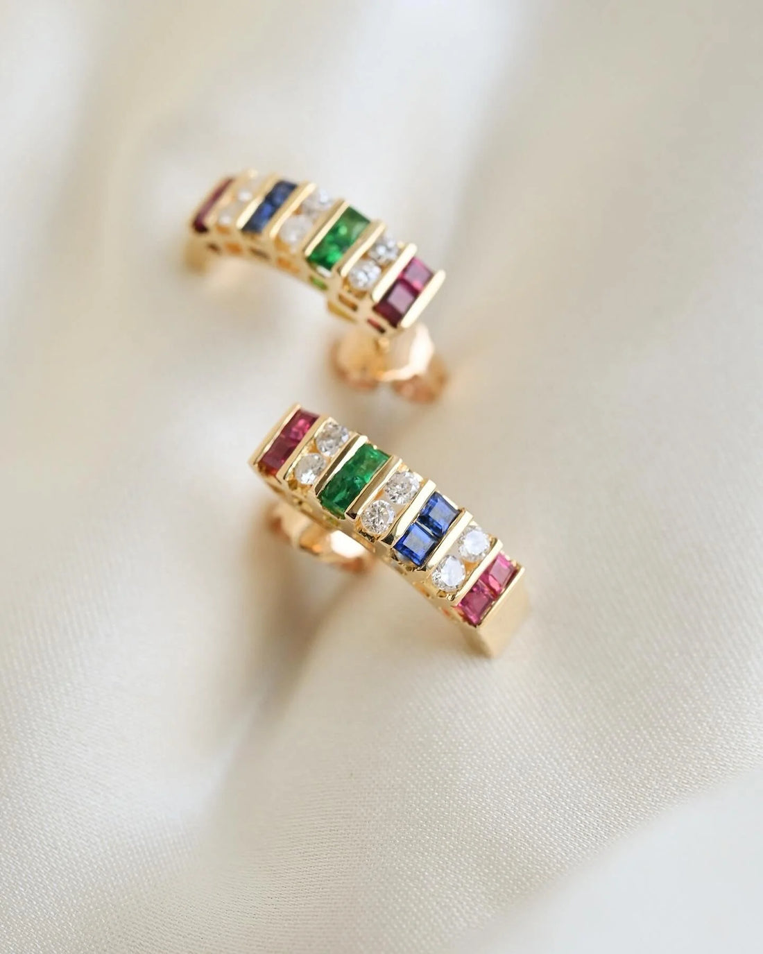 Stunning Half Hoop Studs w Natural Emerald Diamond Sapphire Ruby in 18K Gold 1980s