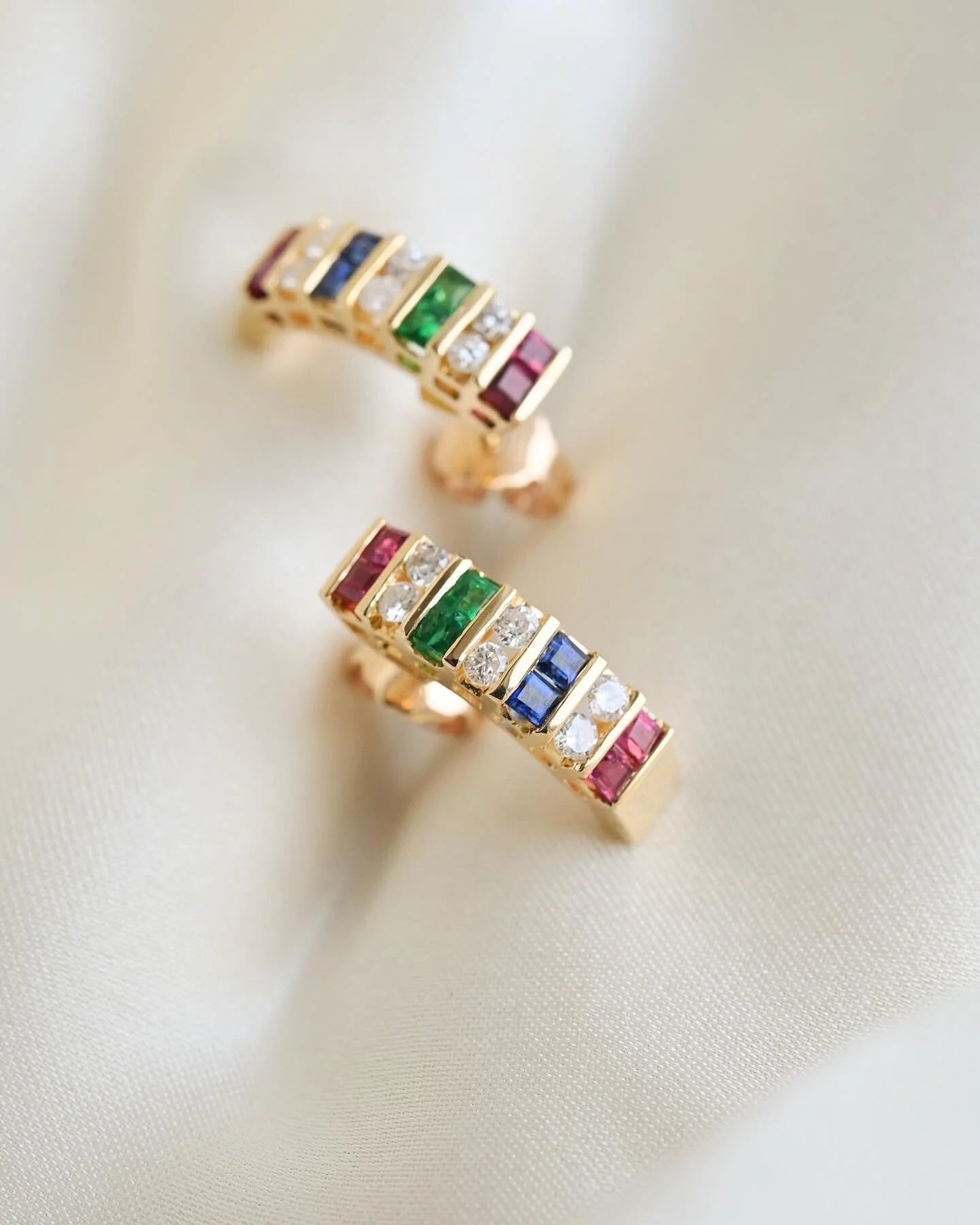 Stunning Half Hoop Studs w Natural Emerald Diamond Sapphire Ruby in 18K Gold 1980s