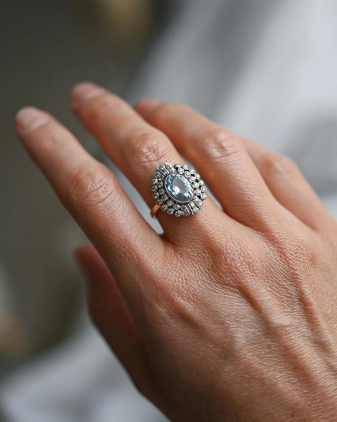 Rare Antique HUGE Aquamarine x Diamond Cluster Ring 18K Gold