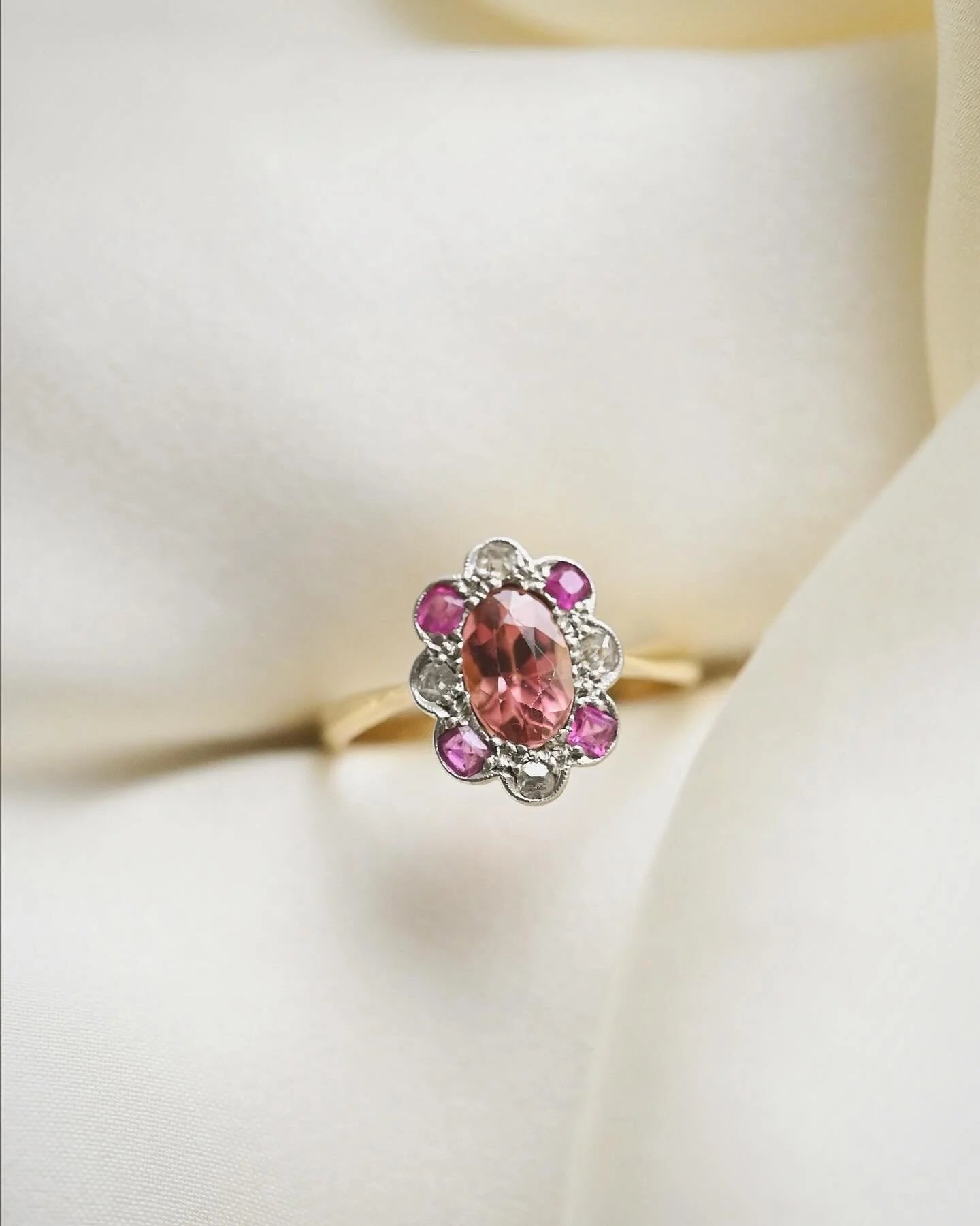 Antique Cluster Ring Tourmaline Diamond x Ruby In Platinum And 18K Gold 1920s