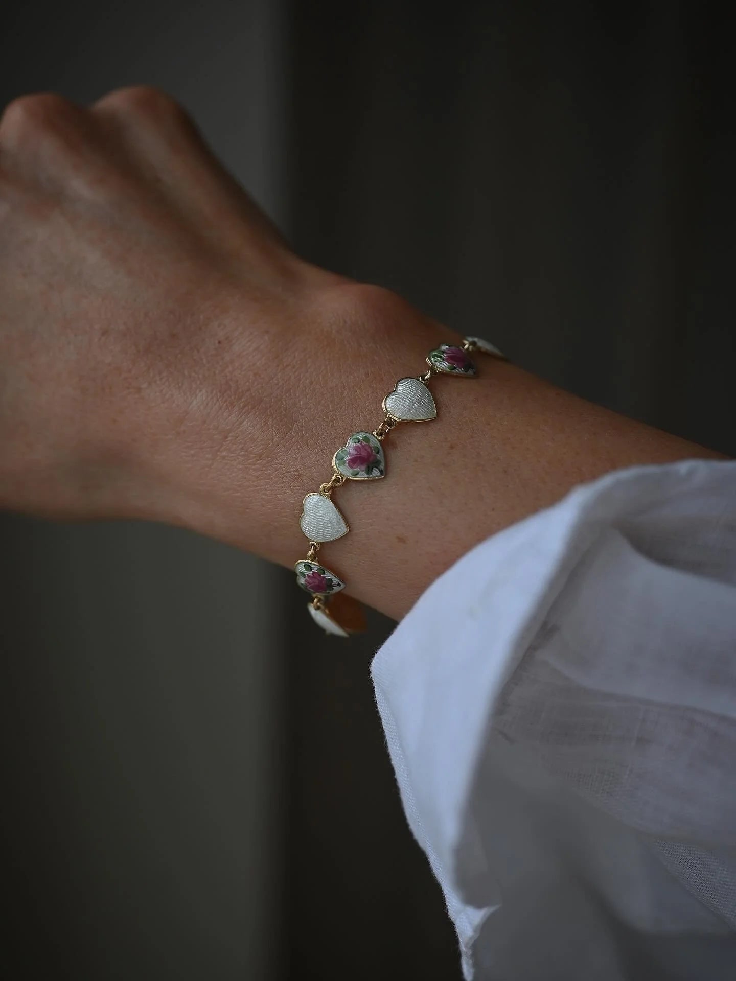 Parade of Hearts Enamel Bracelet Gold over Sterling Silver 1930s
