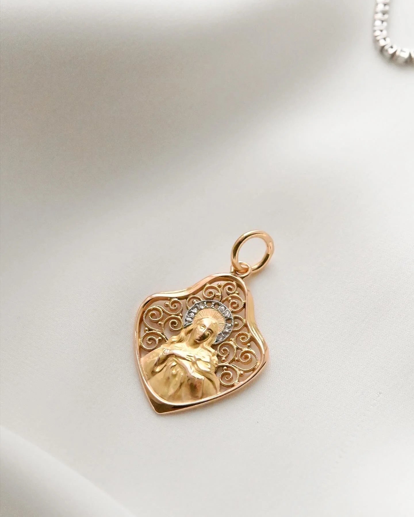 Big Antique Spanish Madonna Pendant w Diamonds 18K Gold 1908