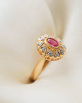 Vintage Bubblegum Pink Ruby and Diamonds Heart Ring 18K Gold