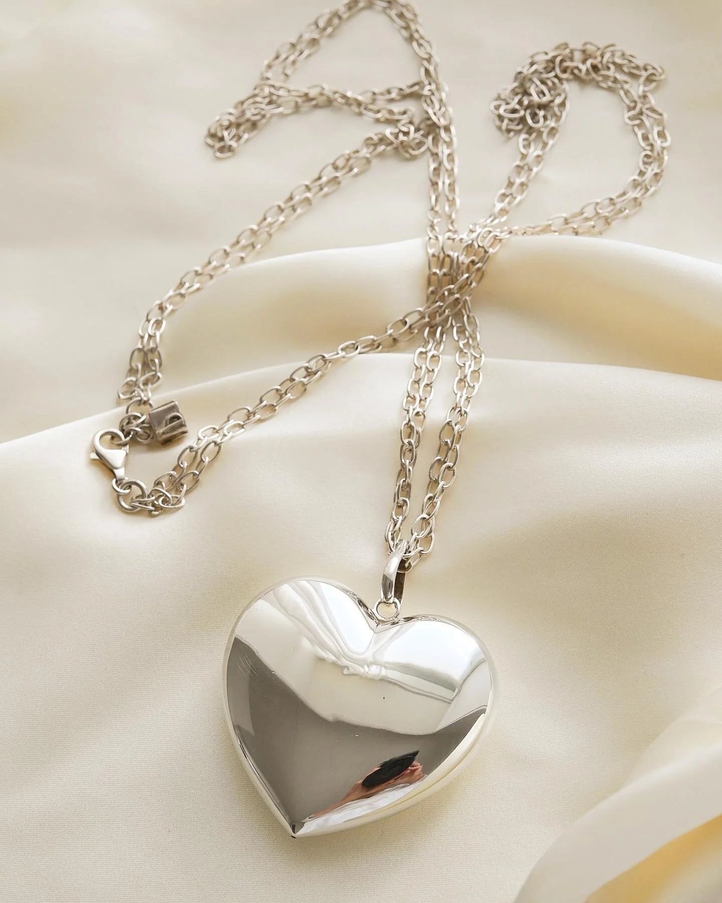 Huge 2x2 Inches Puffy Swedish Silver Heart and Chain