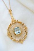 Exquisite Antique Belle Epoque / Art Deco 1916 18K Gold Blue Aquamarine Filigran Pendant
