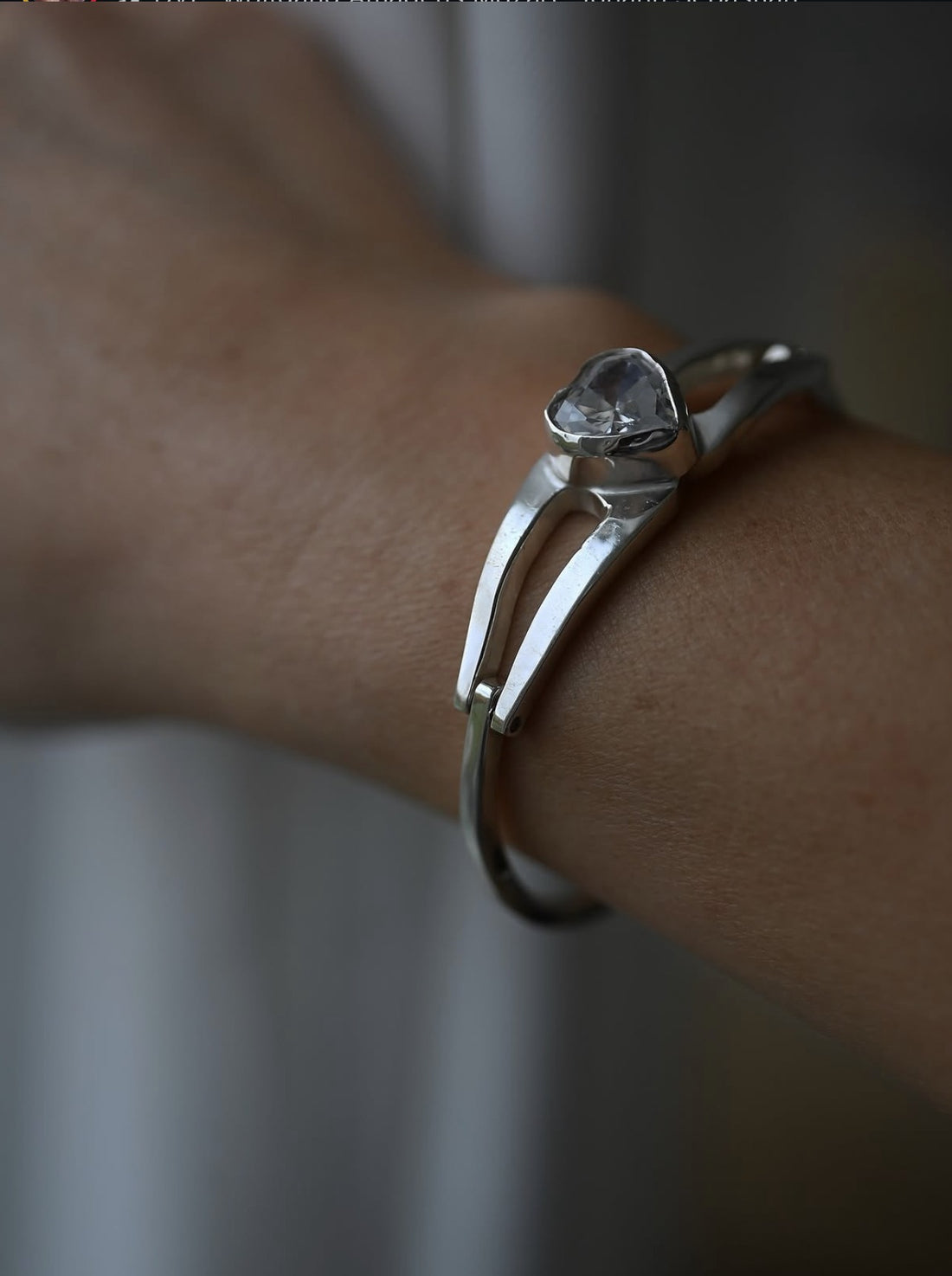Striking Vintage Sterling Silver Bangle with Heart-Cut Stone, 1990s