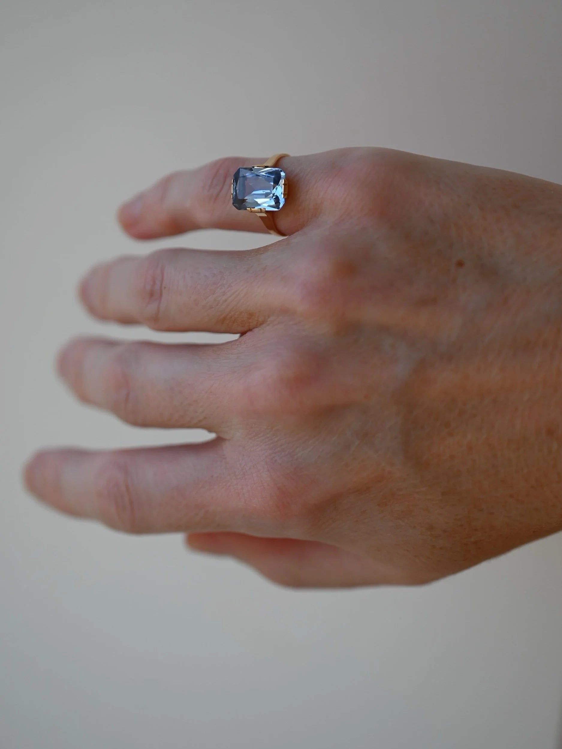 Striking Blue Emerald Cut Spinel Ring 1940 Sweden 18K Gold