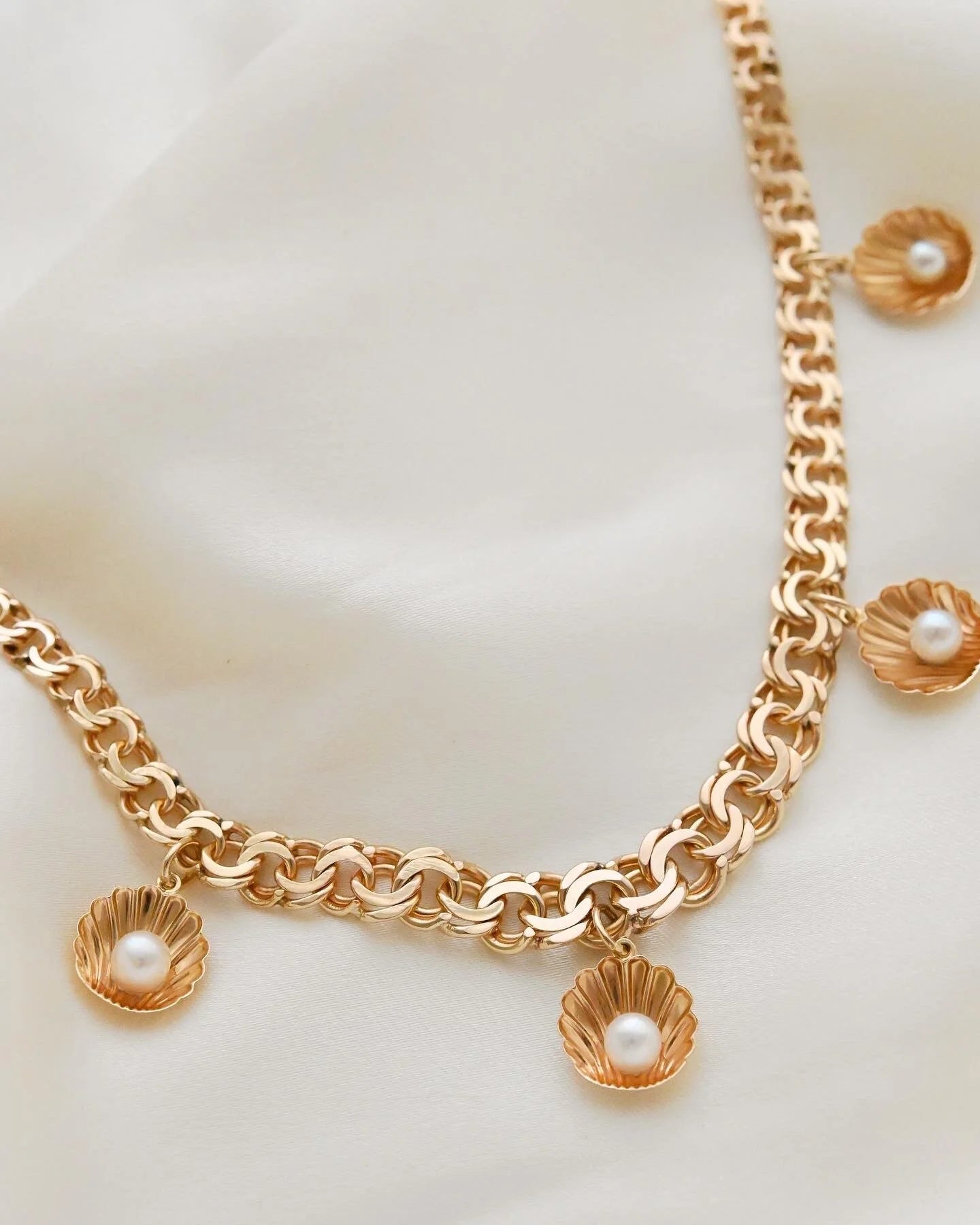 Heavy Swedish Pearl Shell Charm Necklace 18K Gold