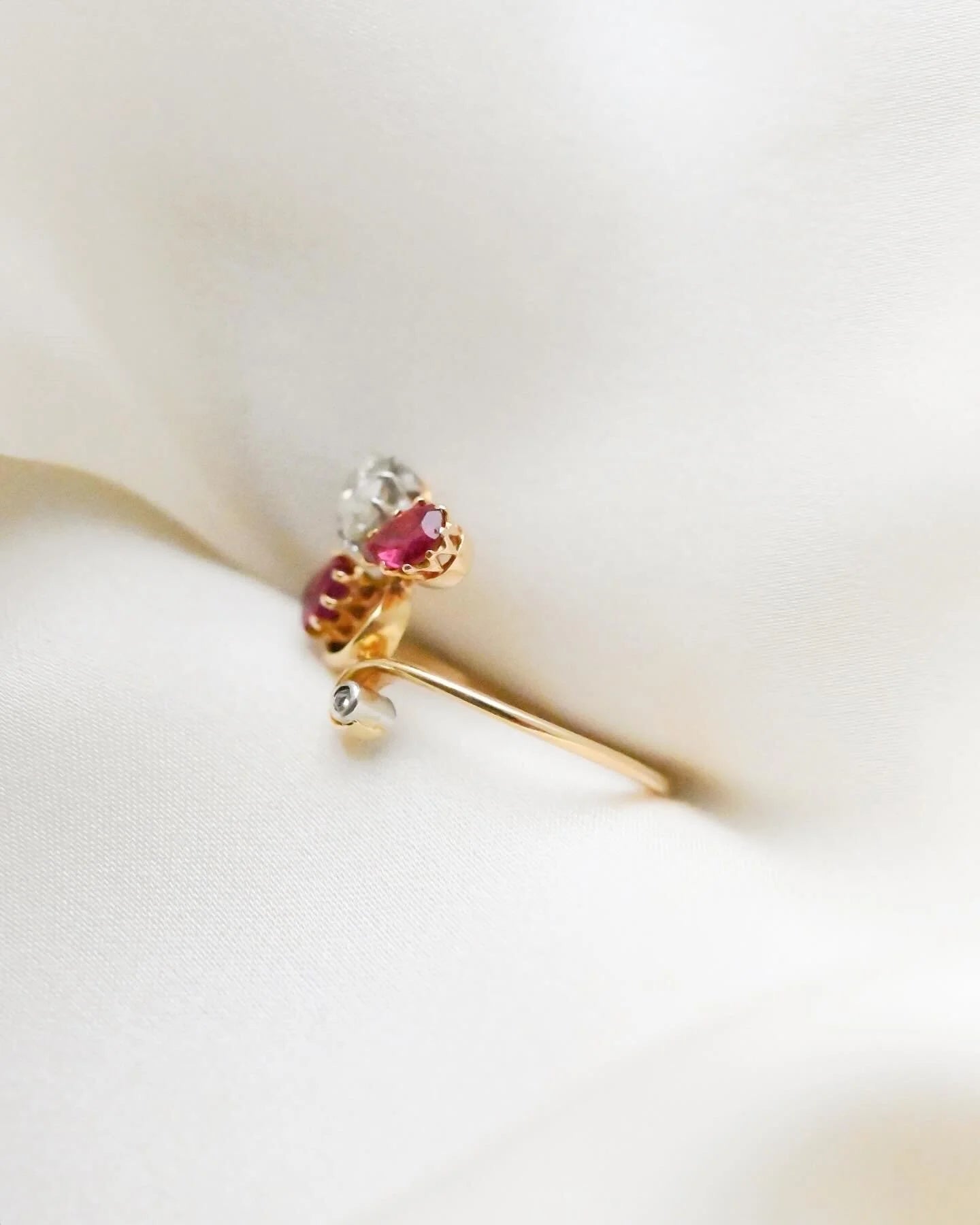 Antique French Lily Ring Ruby x Diamond Ring 14K Gold Beg 1900s