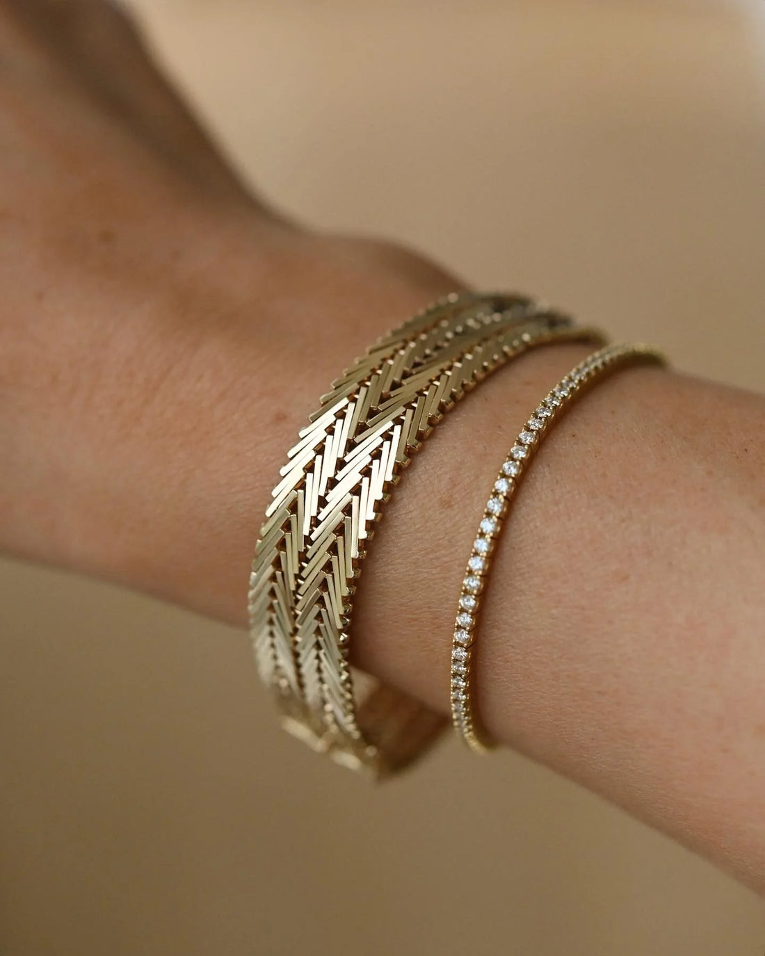 Danish Vintage Double Row Geneva Link Bracelet 14K Gold