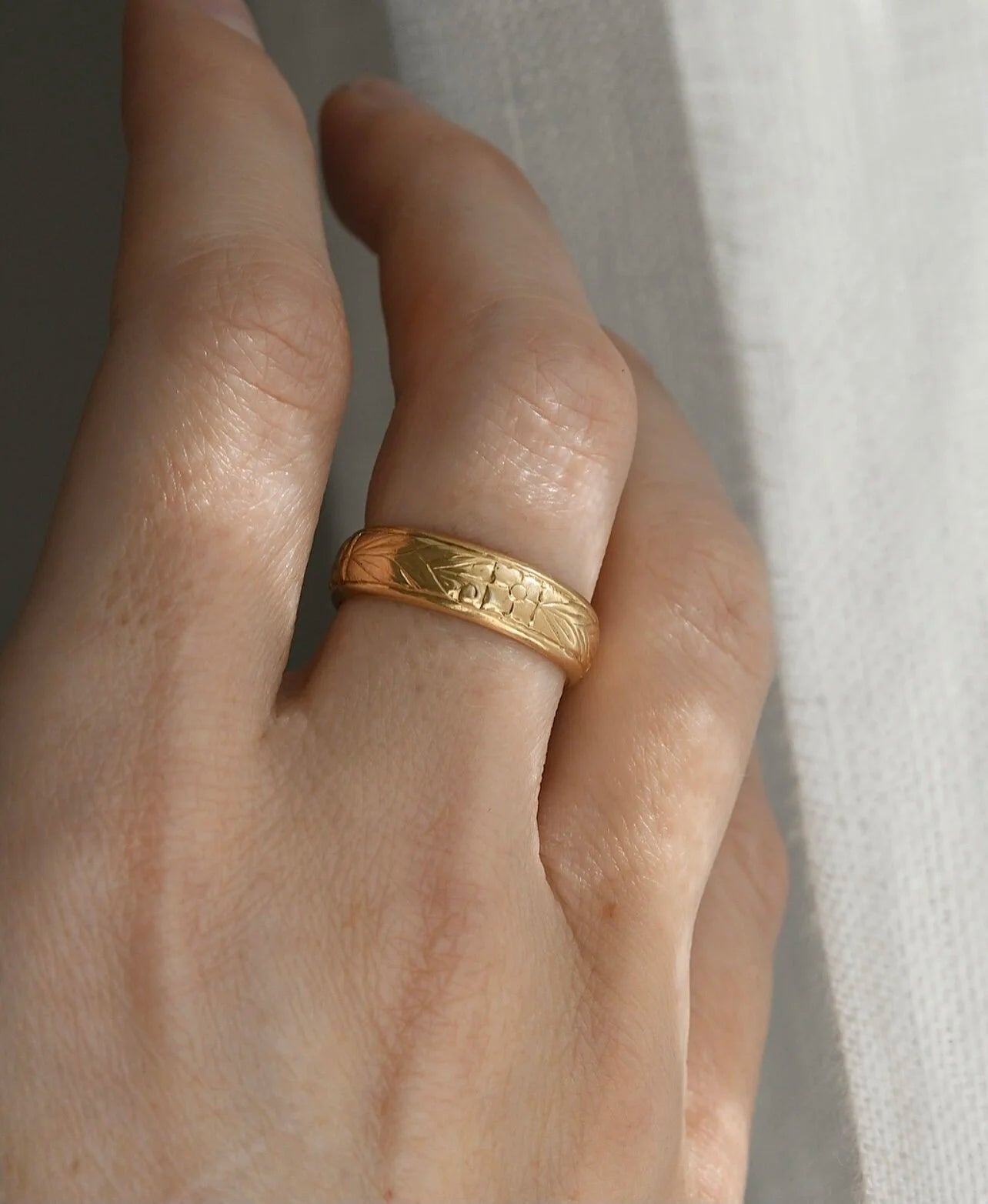 Heavy, Magical Engraved Wedding Band 18K Gold
