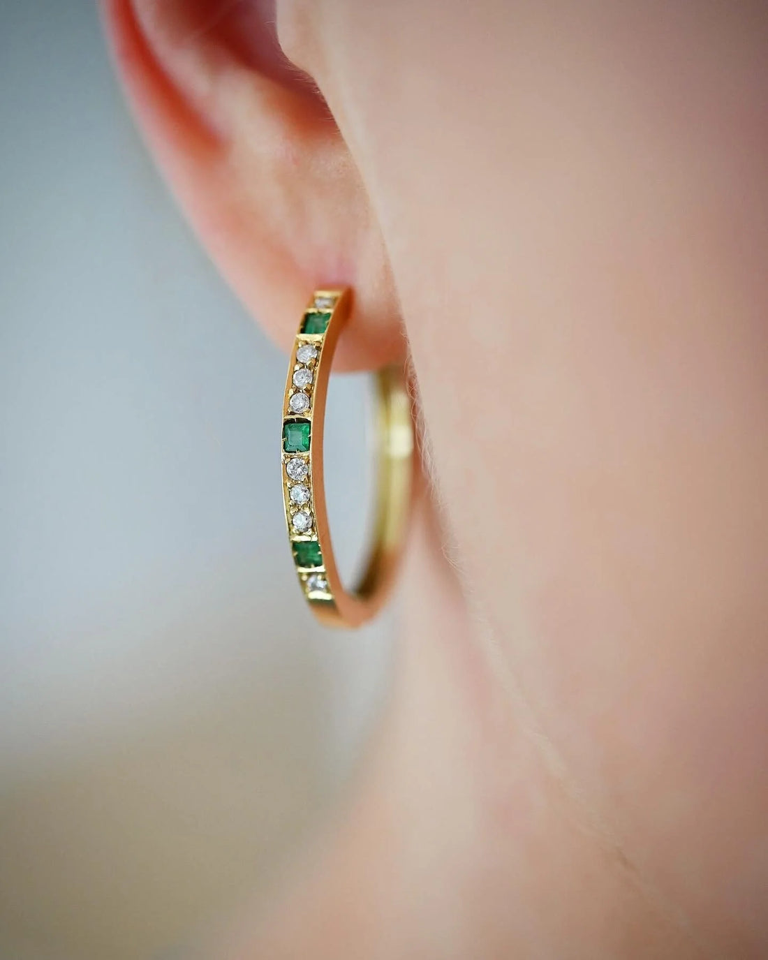 Big Vintage Hoops Huggies Emerald And Diamond 14K Gold