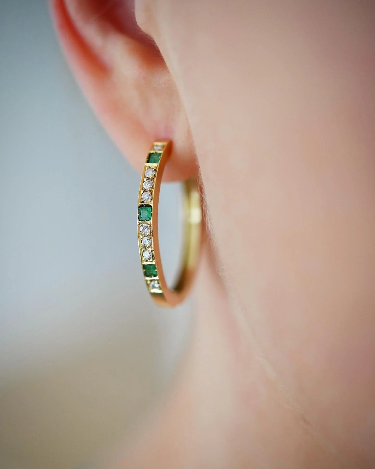 Big Vintage Hoops Huggies Emerald And Diamond 14K Gold