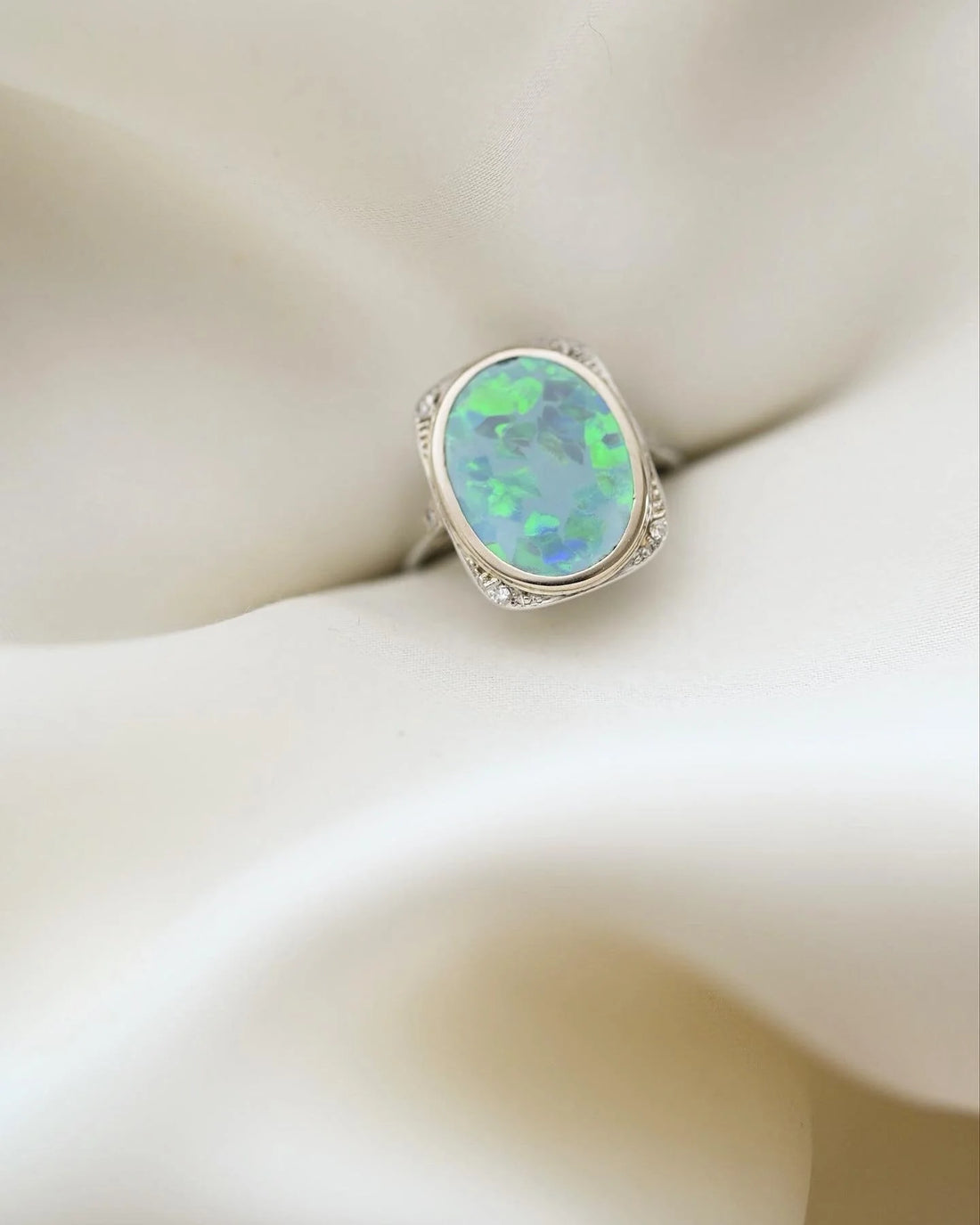 Big Antique Art Deco Ring w Opal and Diamonds 18K White Gold