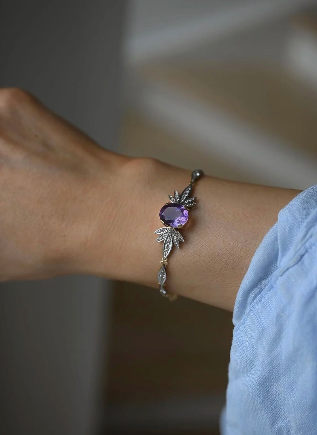 Ethereal One of A Kind Sunburst Amethyst x Topaz Bracelet 18K Gold Swedish Vintage
