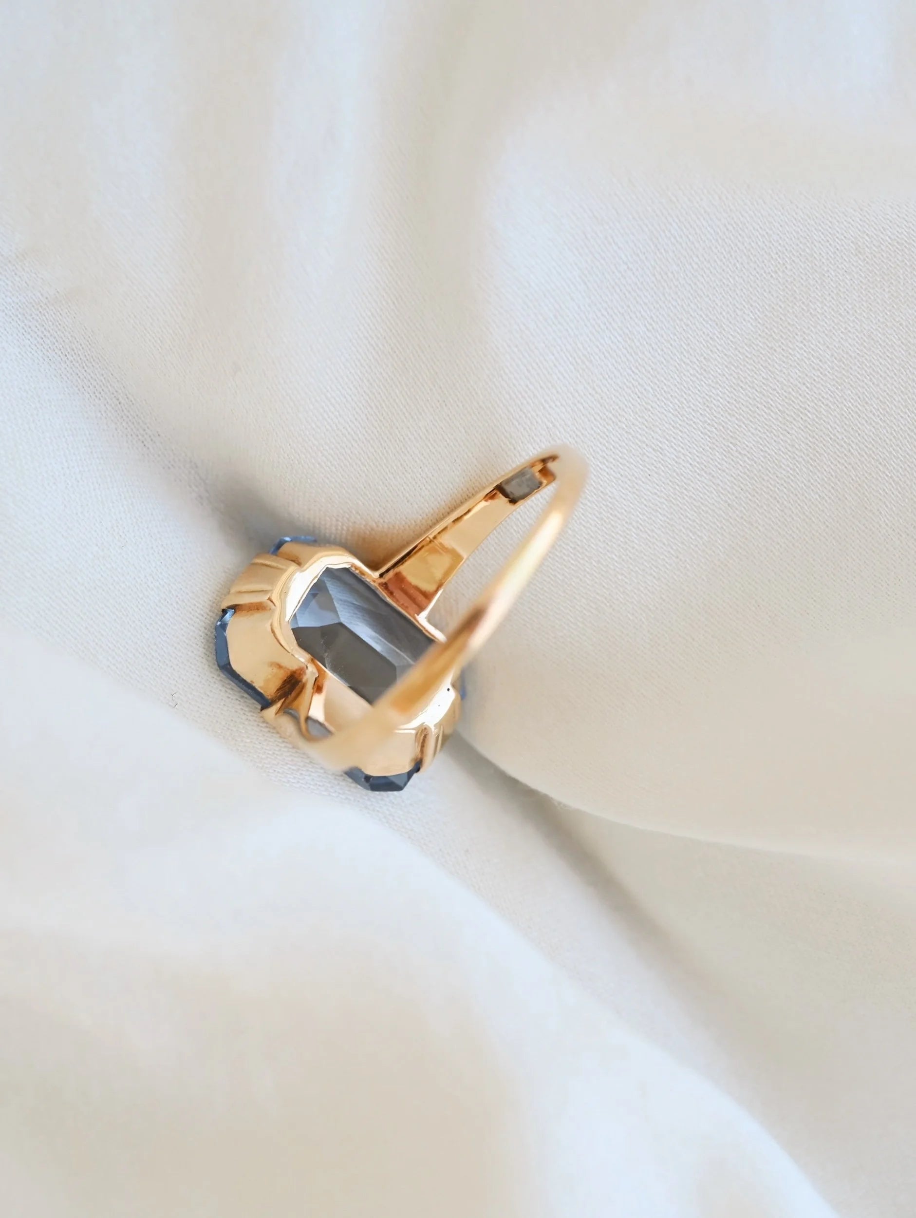 Striking Blue Emerald Cut Spinel Ring 1940 Sweden 18K Gold