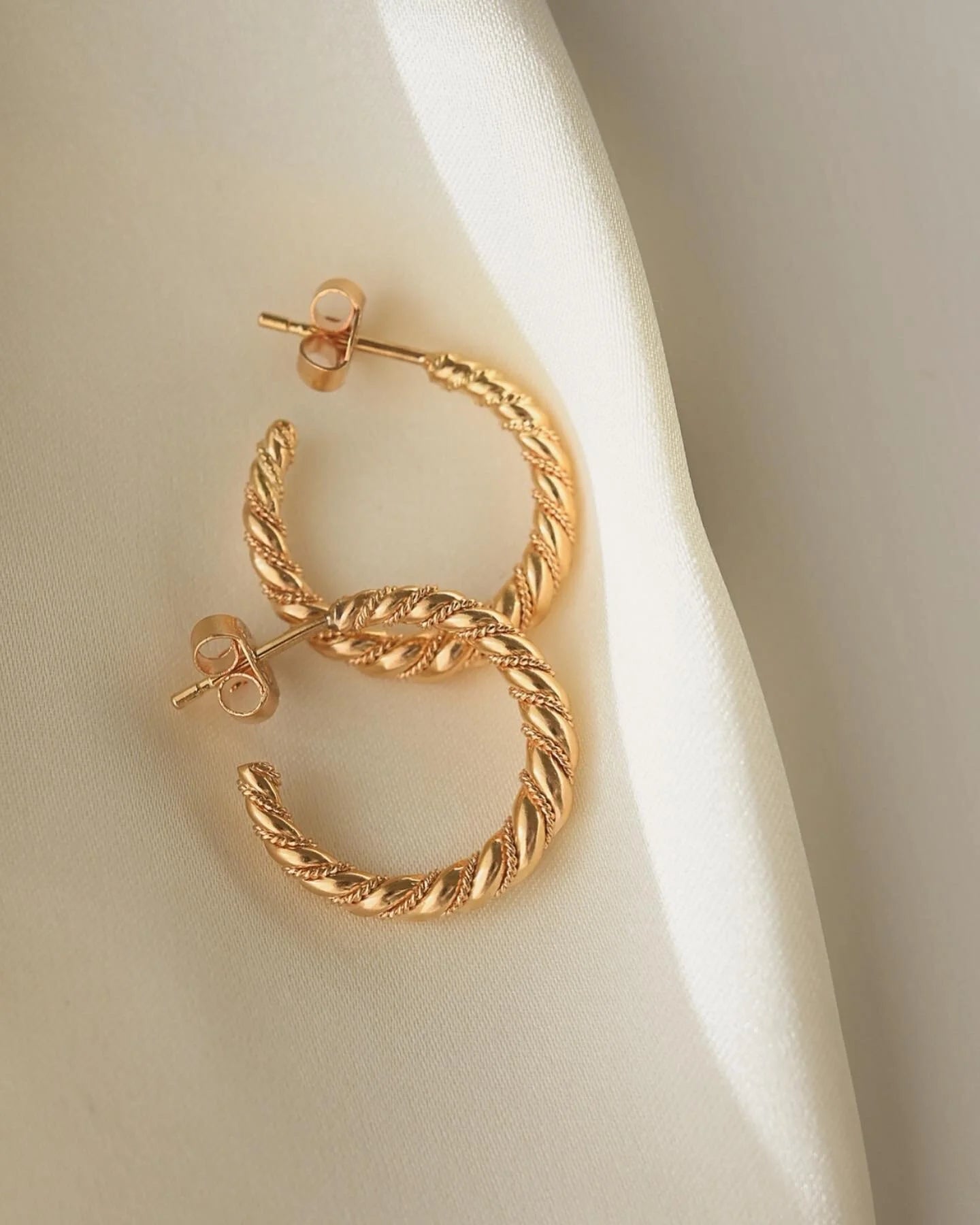 Solid Through and Through Twist Hoops 18K Gold Mid Century