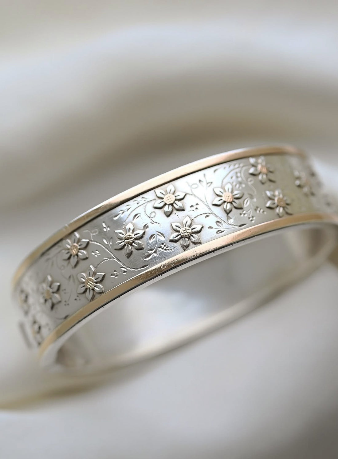Gorgeous Antique Silver Bangle with Gilt Flowers