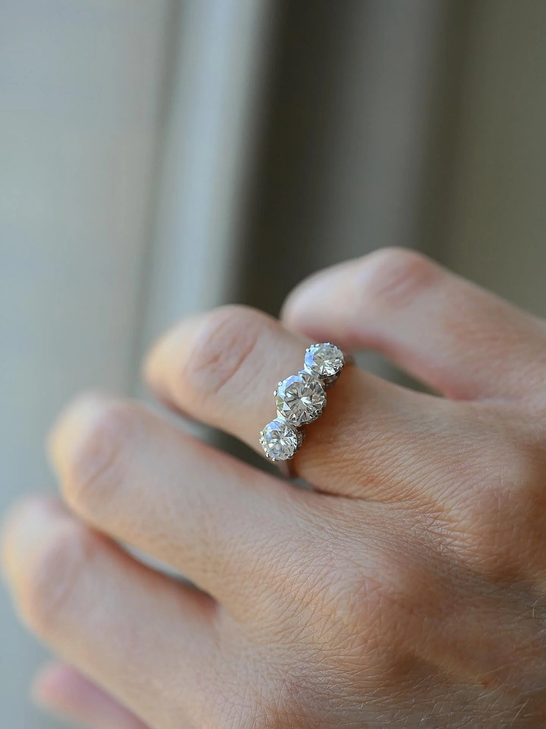 Rare Dreamy Three-stone Ring 2.11 Carats 18K White Gold 1957