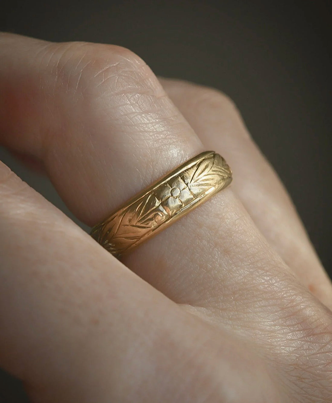 Heavy, Magical Engraved Wedding Band 18K Gold
