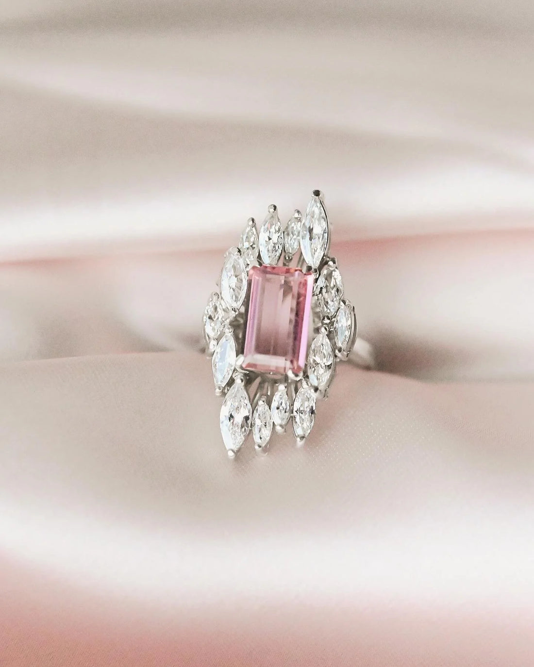 Incredible Navette Cut Diamond and Tourmaline Cocktail Ring 14K Solid White Gold