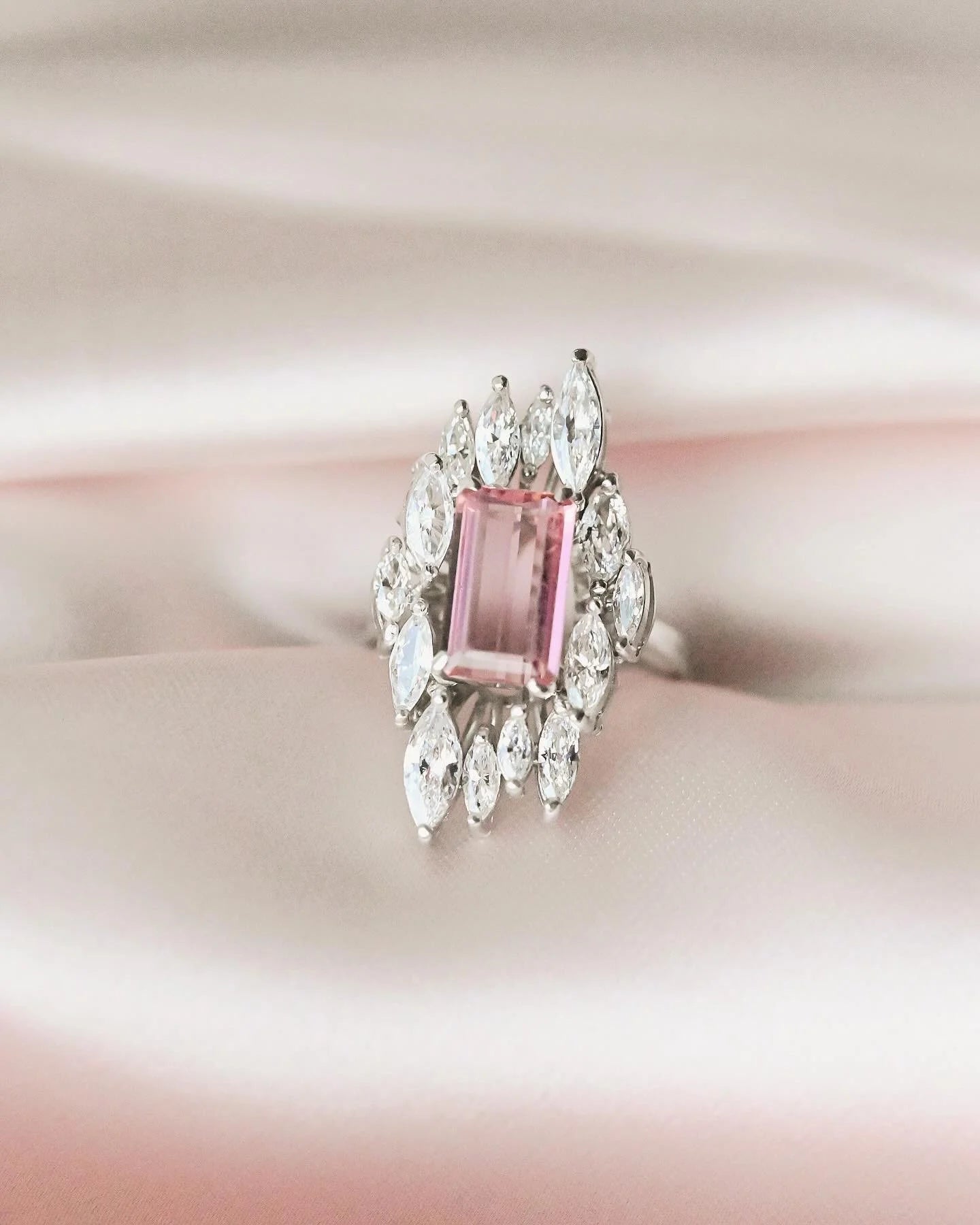 Incredible Navette Cut Diamond and Tourmaline Cocktail Ring 14K Solid White Gold