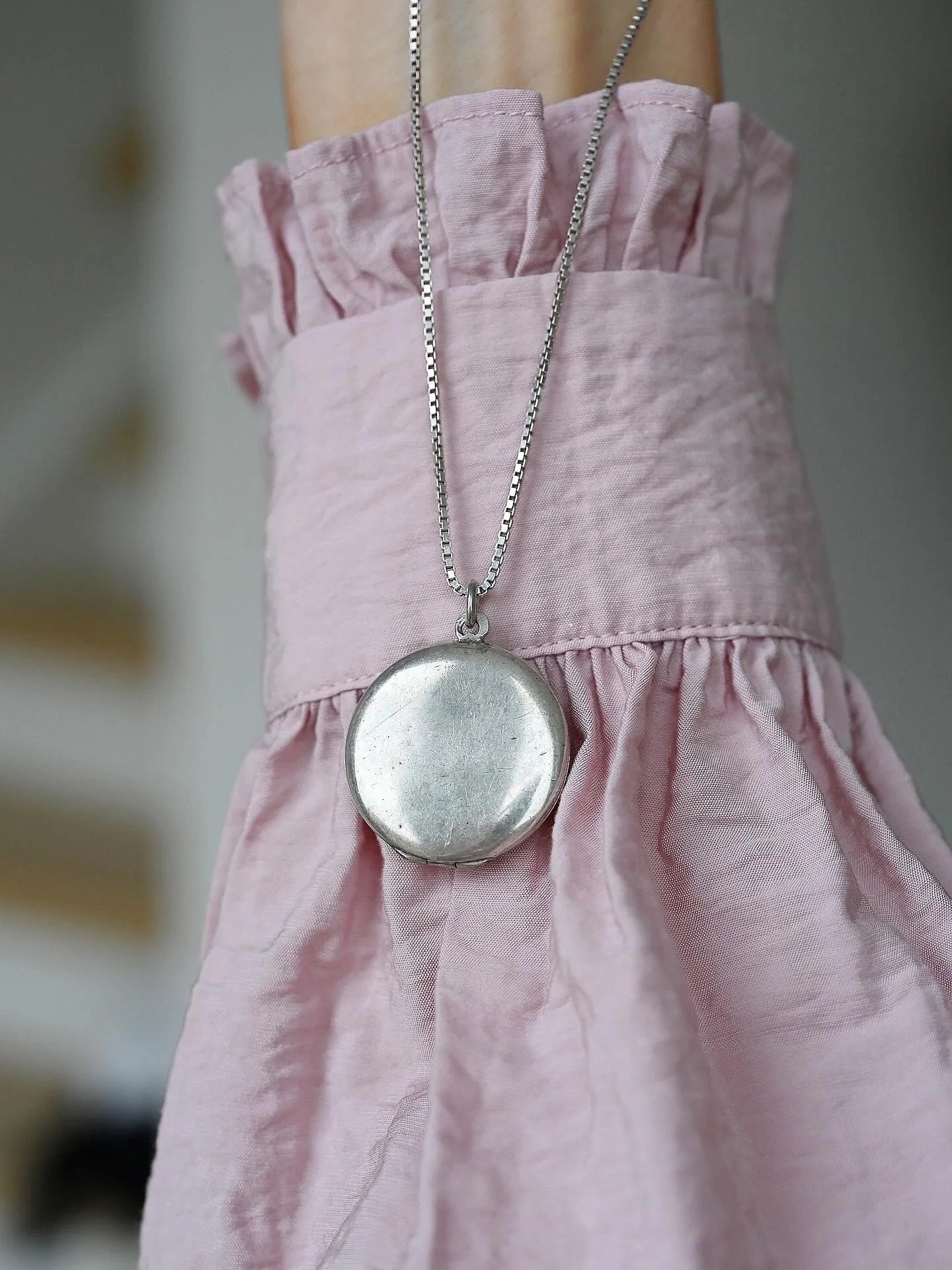 Antique French Flower Enamel Locket Pink Roses Purple Ribbon Silver + Complimentary Chain