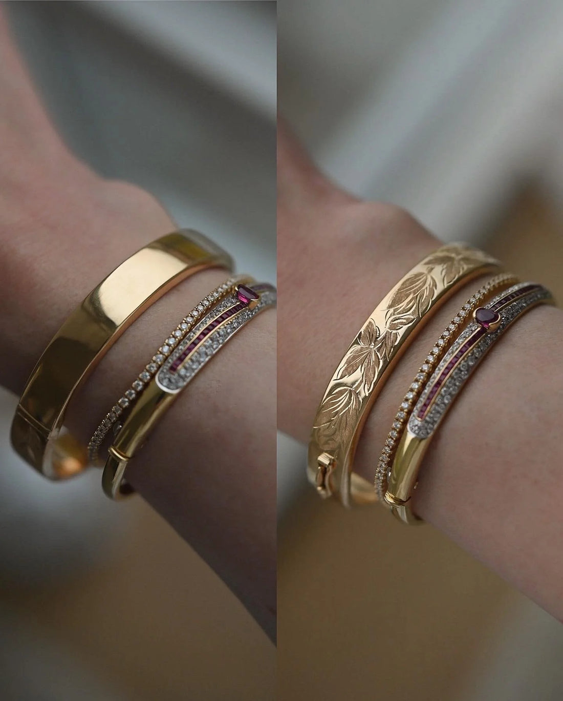 2-in-1 Vintage Bangle Polished or Engraved 18K Gold 1950s
