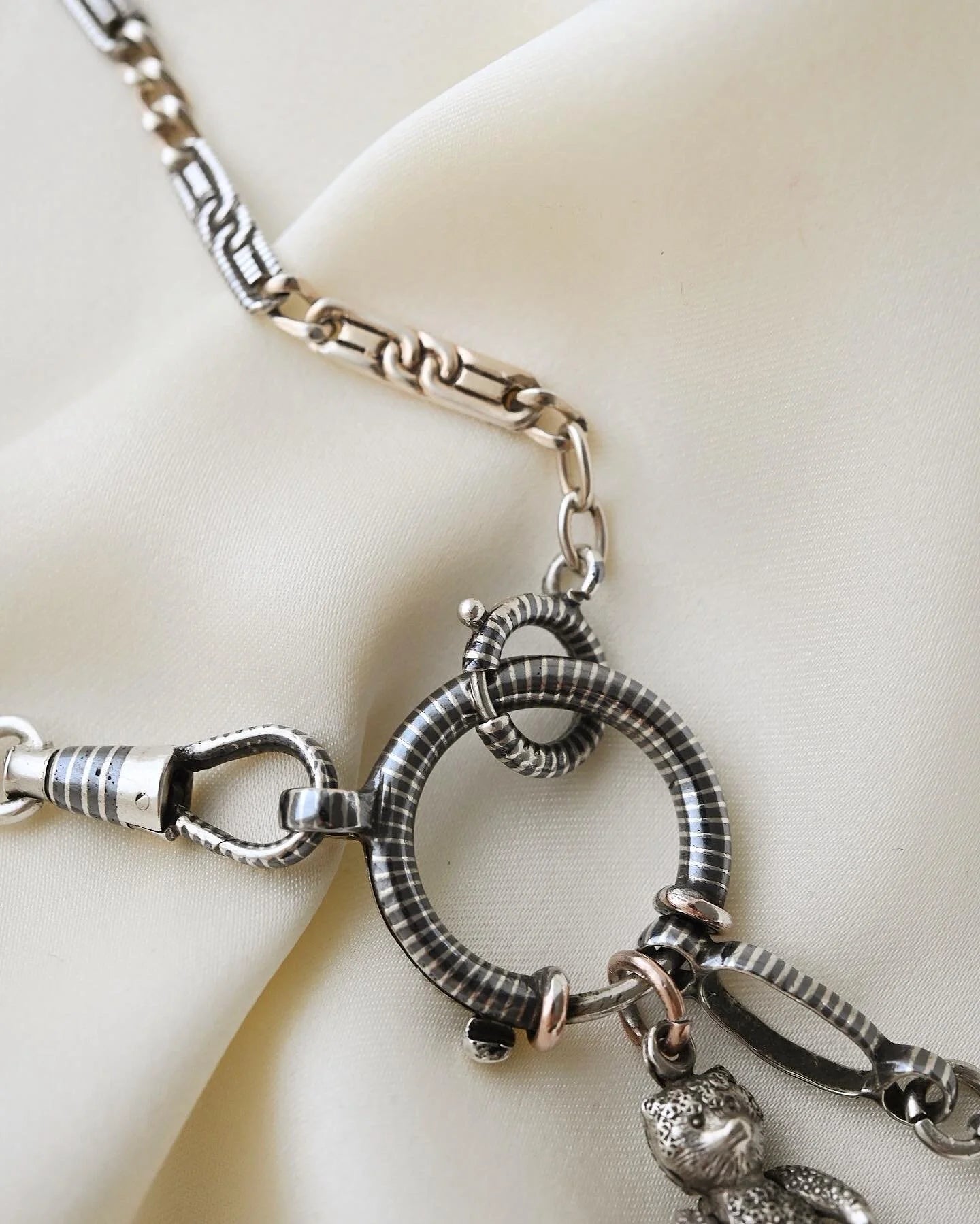 Antique Niello Silver Watch Chain w Horse Shoe and Extra Bolt Clasp 1890