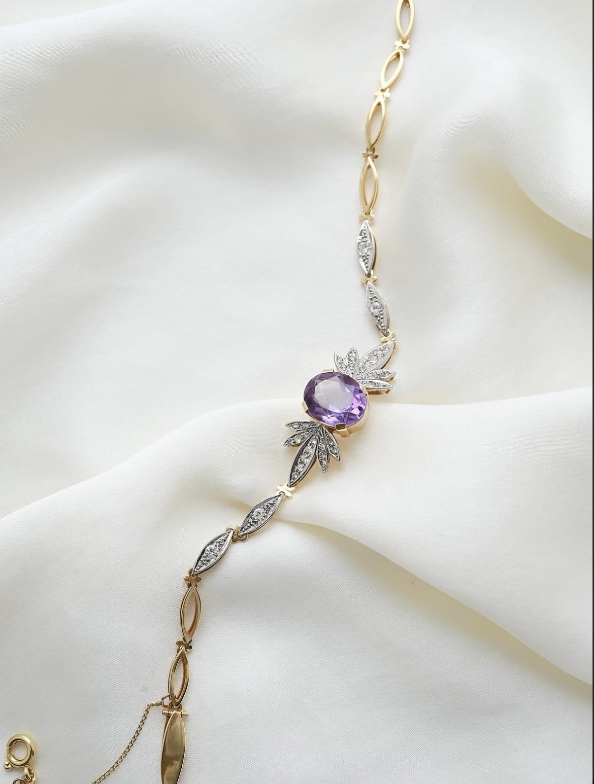 Ethereal One of A Kind Sunburst Amethyst x Topaz Bracelet 18K Gold Swedish Vintage