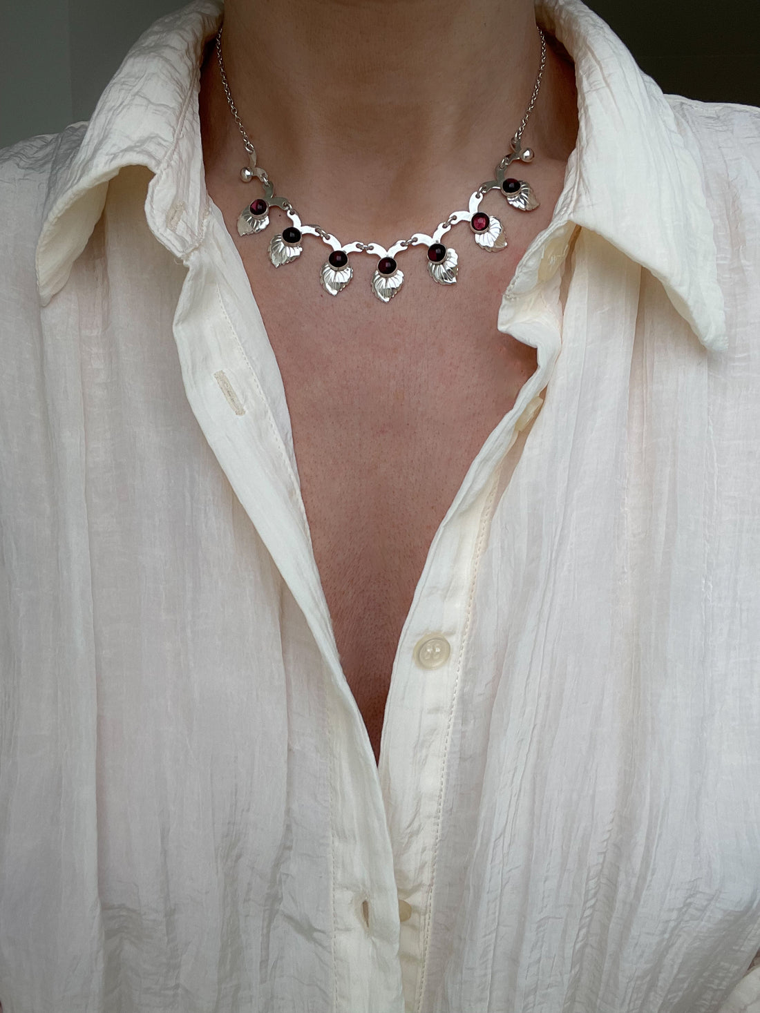Gorgeous Vintage Danish Sterling Silver Garnet Leaf Necklace 1950s